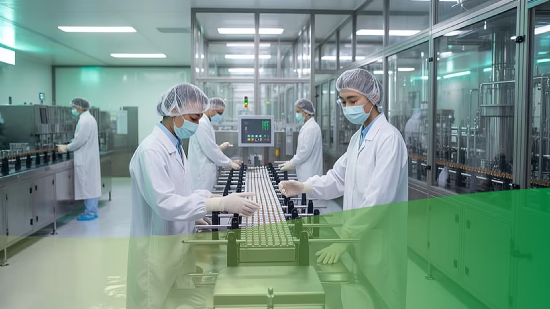 Workers in a sterile environment are manufacturing something.